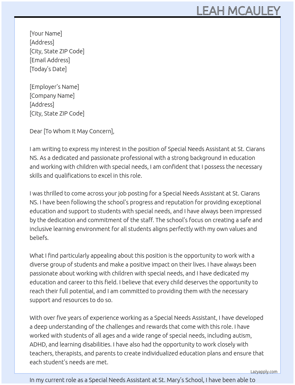 Special Needs Assistant At St. Ciarans NS Cover Letter
