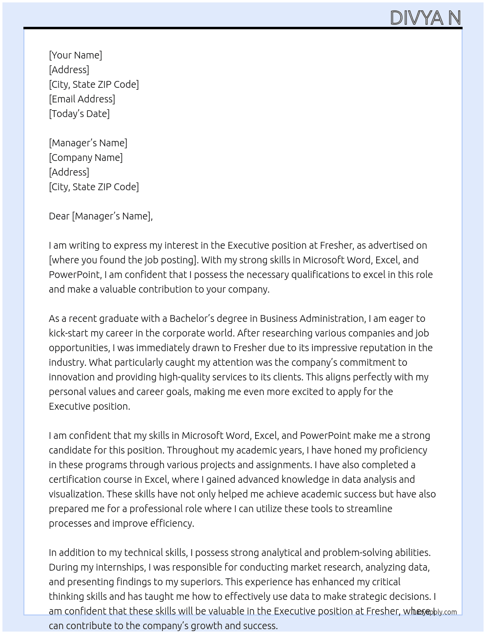 Executive At Fresher Cover Letter