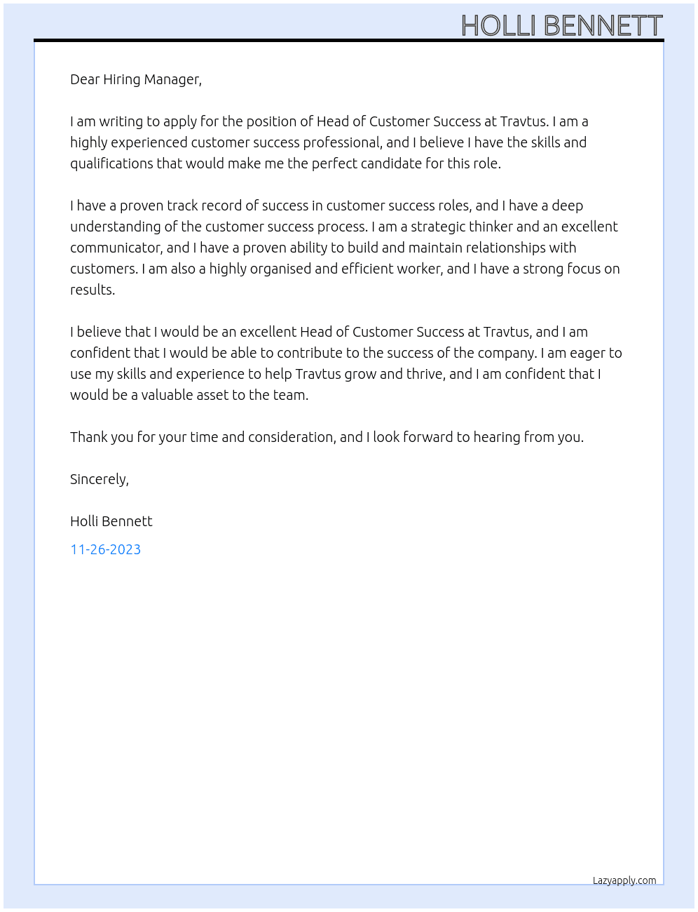 Head of Customer Success At Travtus Cover Letter