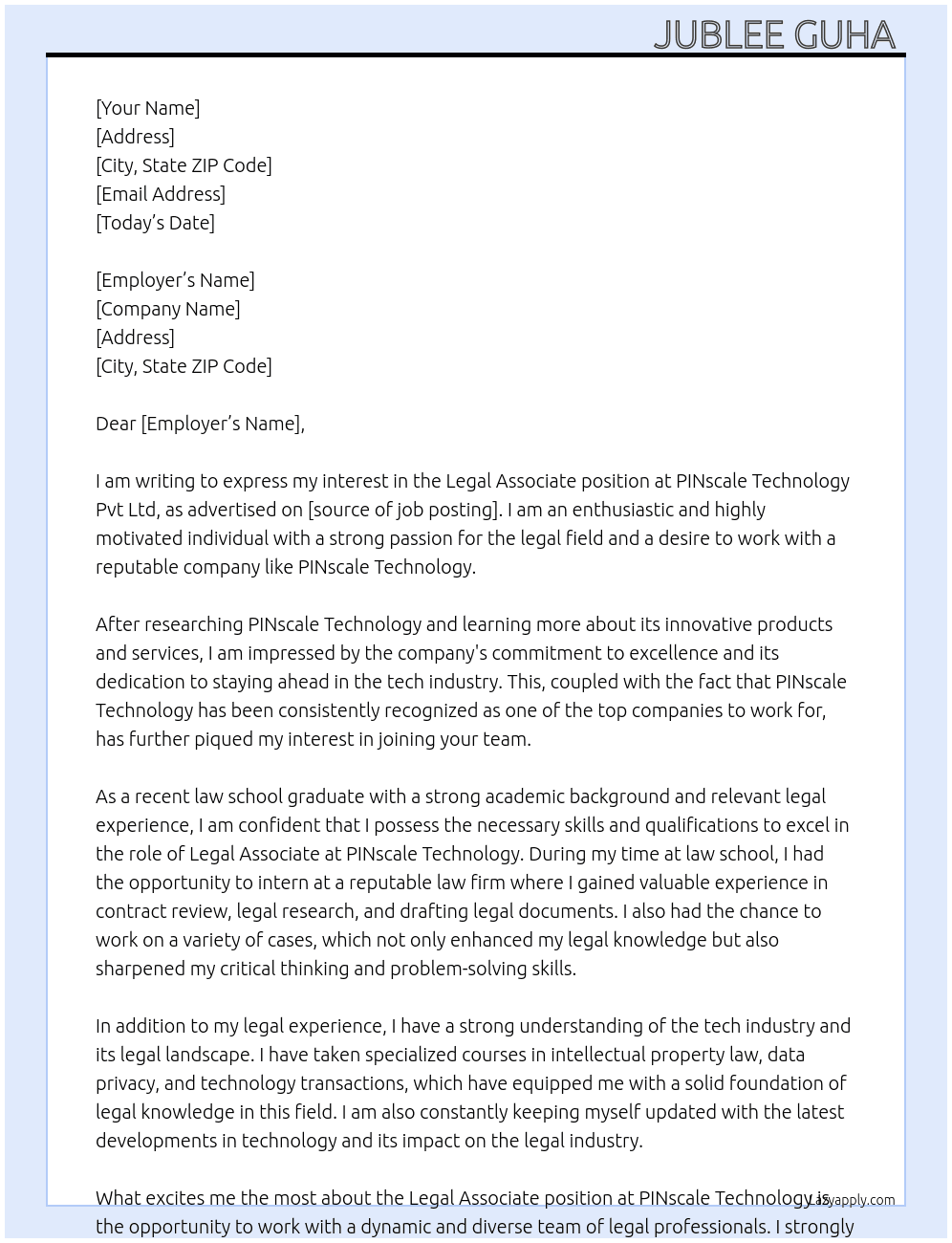 Legal Associate  At PINscale Technology Pvt Ltd  Cover Letter