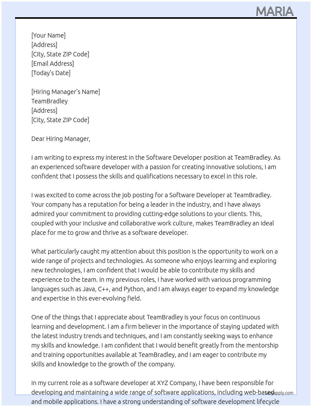 Software Developer At TeamBradley Cover Letter