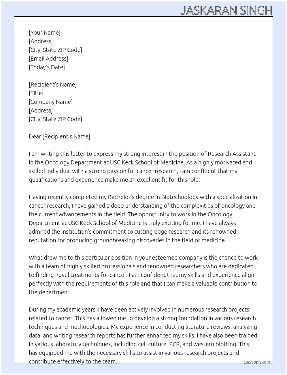 Research Assistant At USC Keck School of Medicine Cover Letter