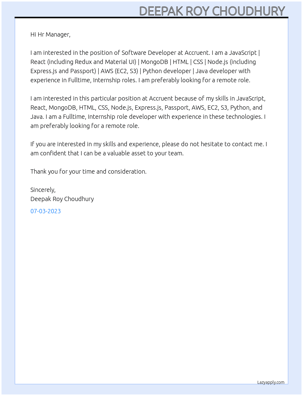 Software Developer  At Accruent Cover Letter