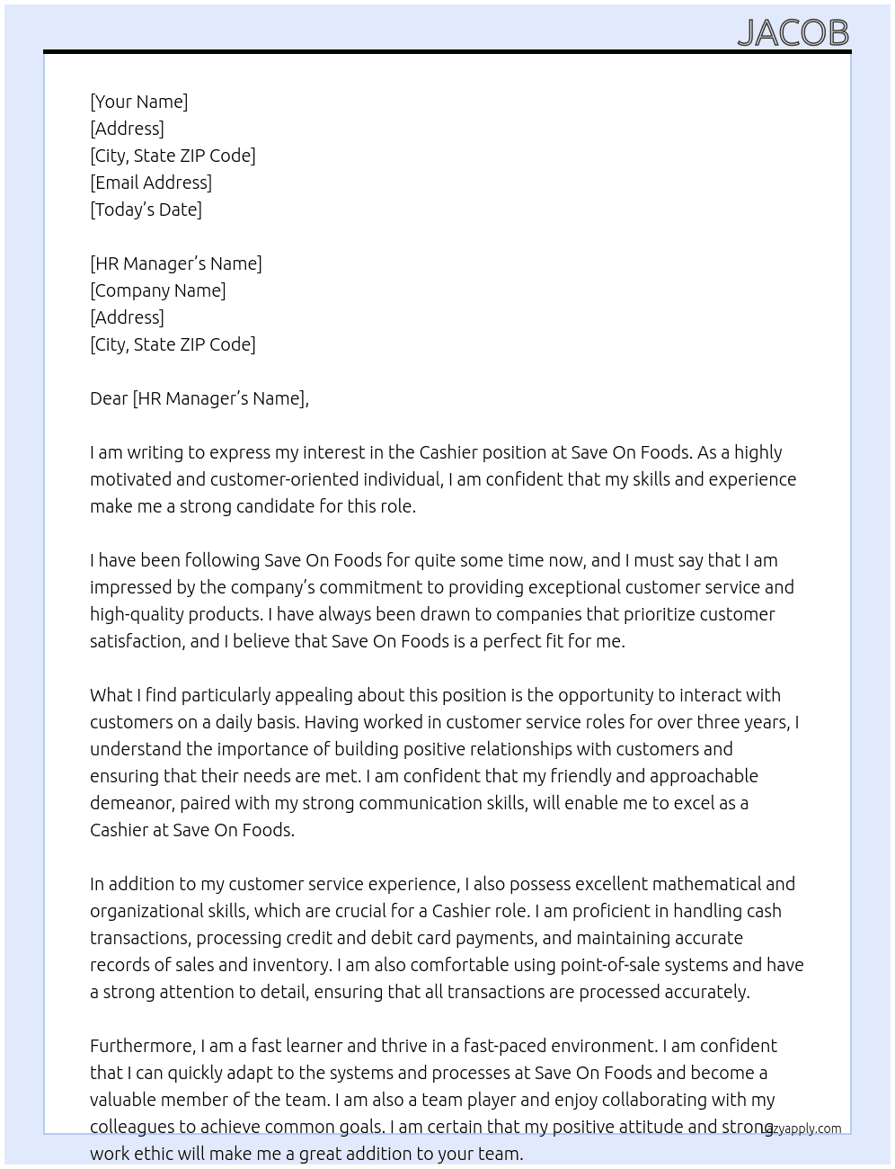 Cashier At Save On Foods Cover Letter