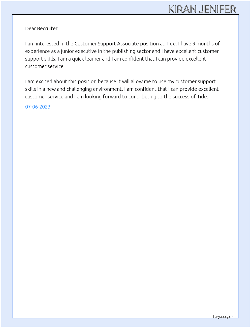 Customer support Associate At Tide Cover Letter
