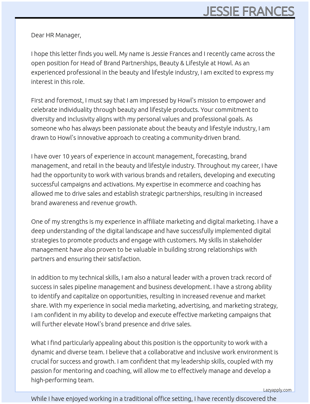 Head of Brand Partnerships, Beauty & Lifestyle At Howl Cover Letter