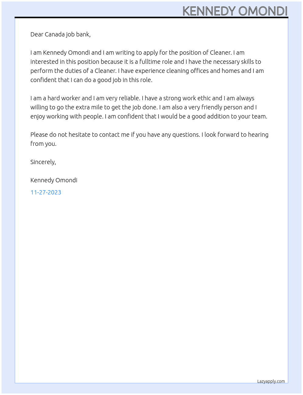 Cleaner At Canada job bank Cover Letter