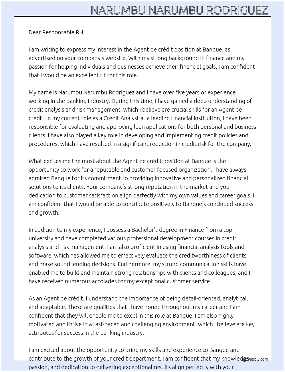 Agent de crédit  At Banque  Cover Letter