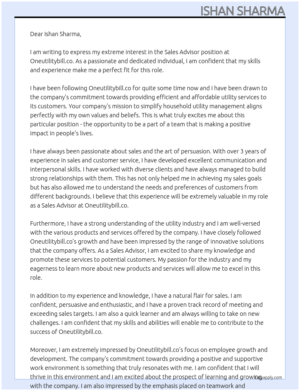 Sales Advisor  At Oneutilitybill.co Cover Letter