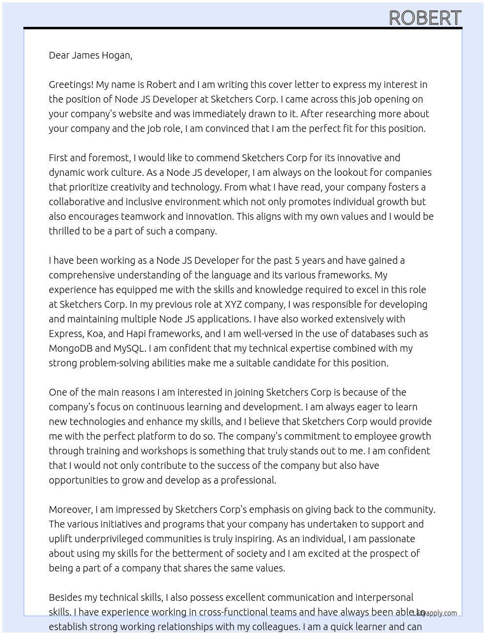Node JS Developer At Sketchers Corp. Cover Letter