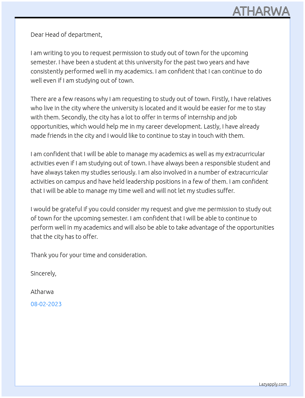 Student  At permission for allowing to study out of town Cover Letter
