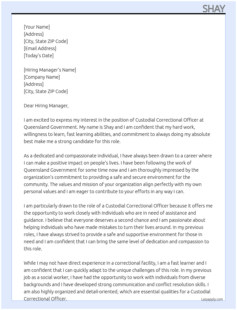 Custodial Correctional Officer At Queensland Government Cover Letter