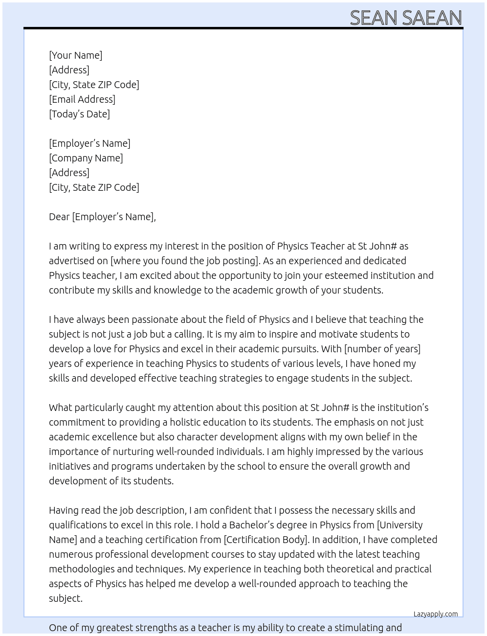 Physics teacher At St John# Cover Letter
