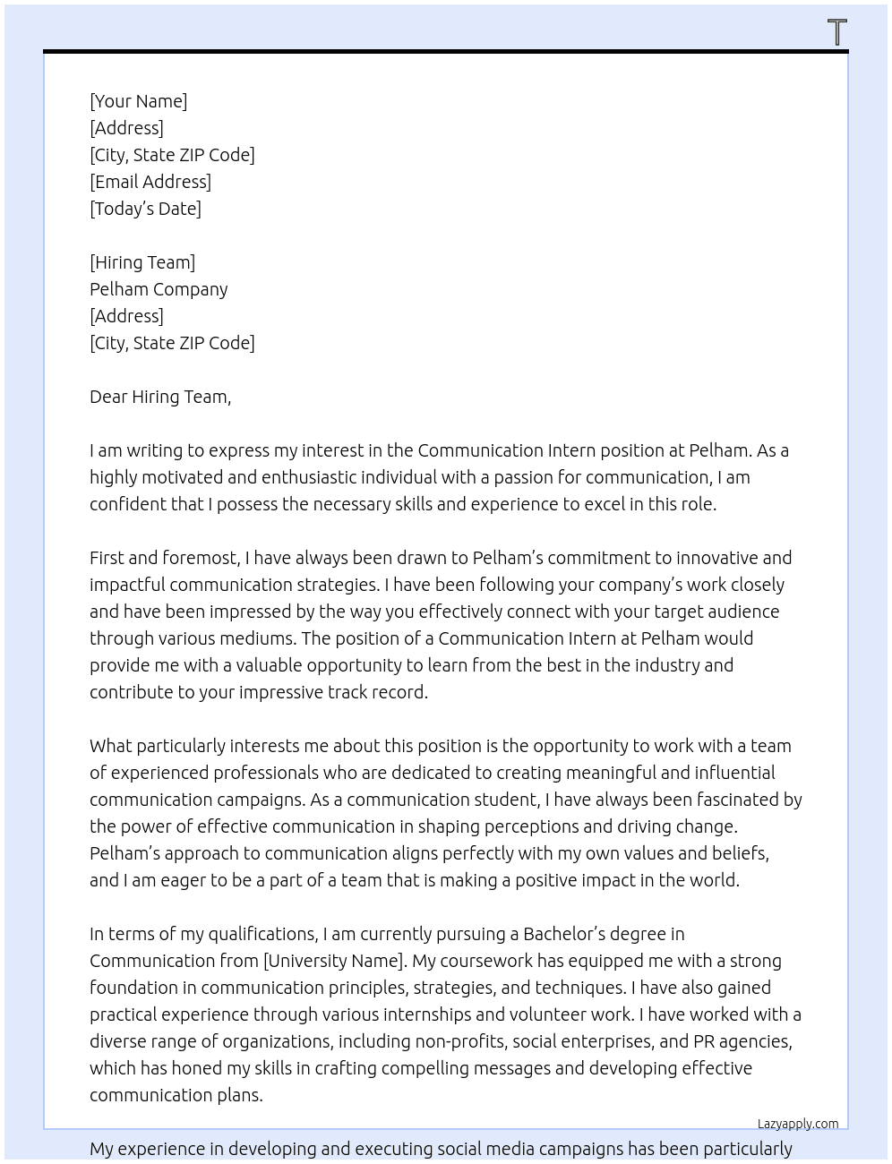 Communication Intern At Pelham Cover Letter