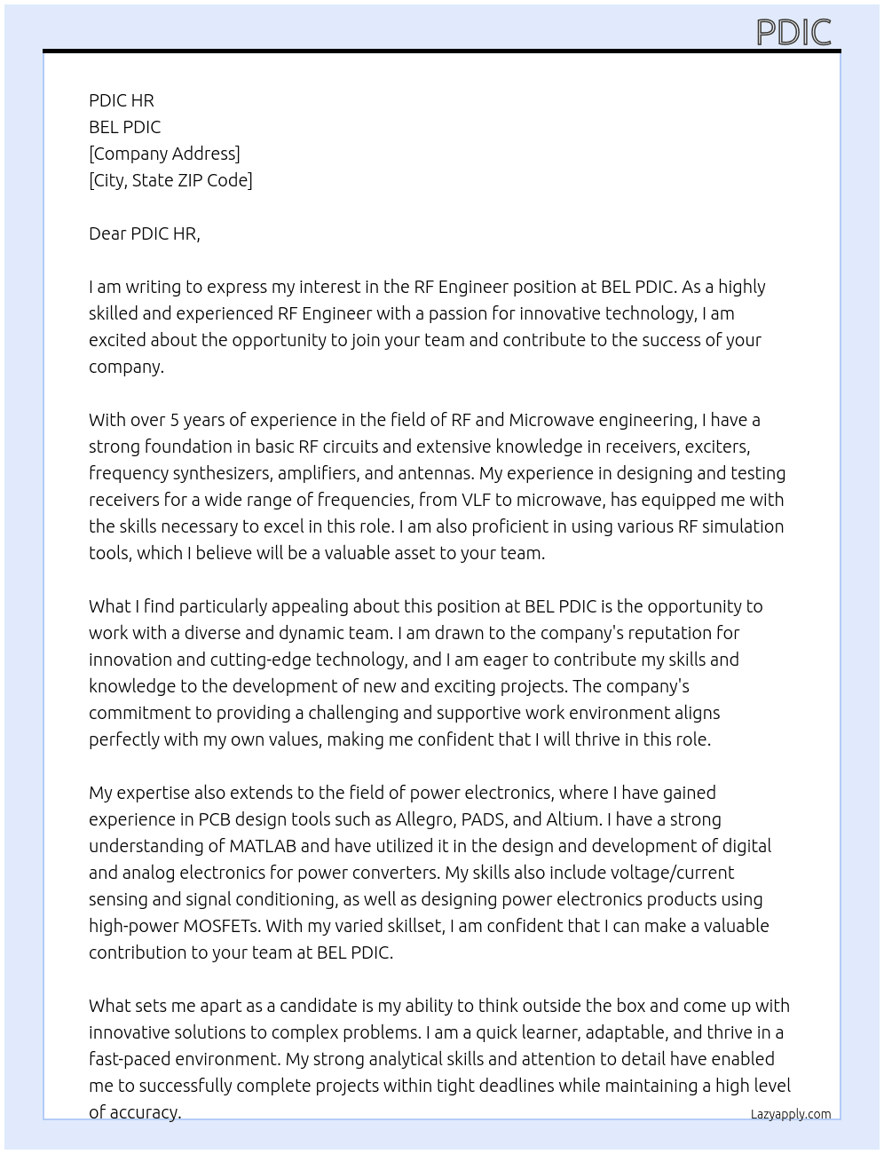 RF ENGINEER At BEL PDIC  Cover Letter