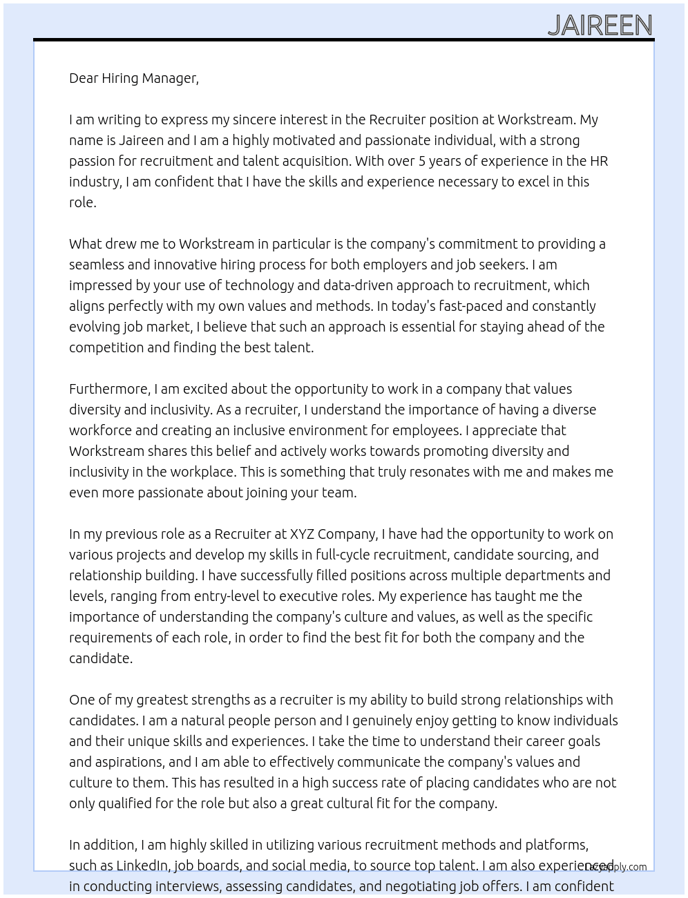 Recruiter At Workstream Cover Letter