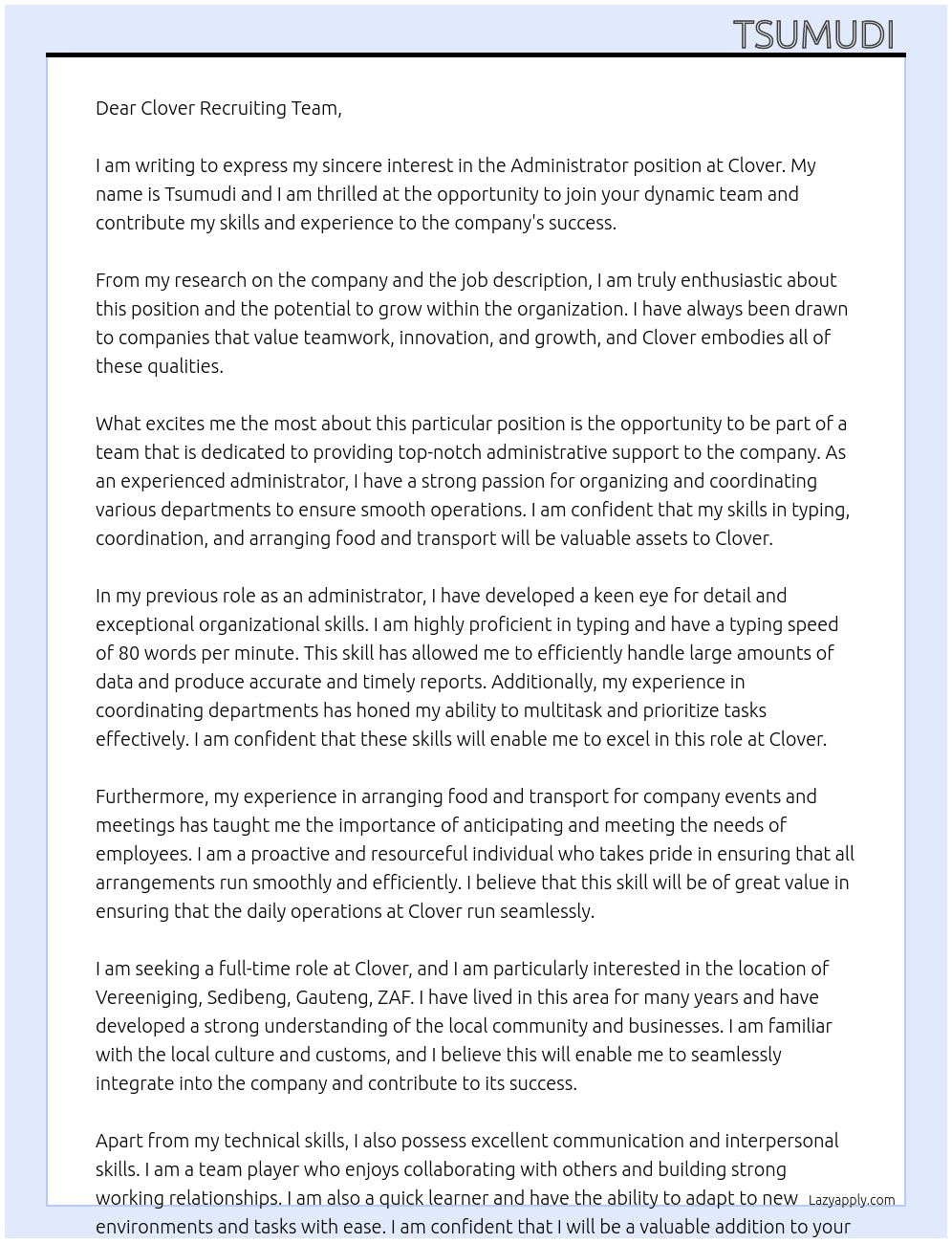 Administrator  At Clover Cover Letter