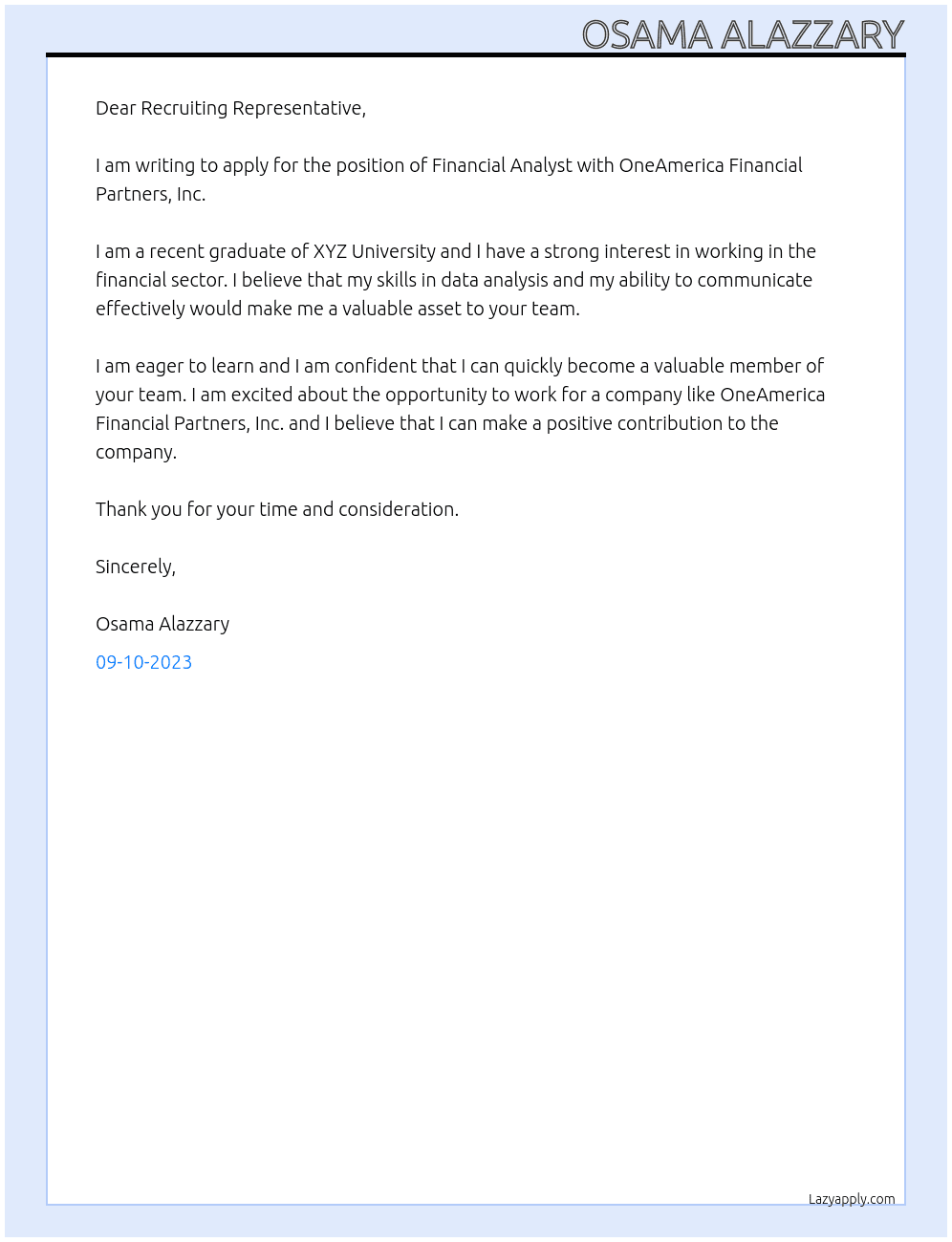 Financial Analyst At OneAmerica Financial Partners, Inc. Cover Letter