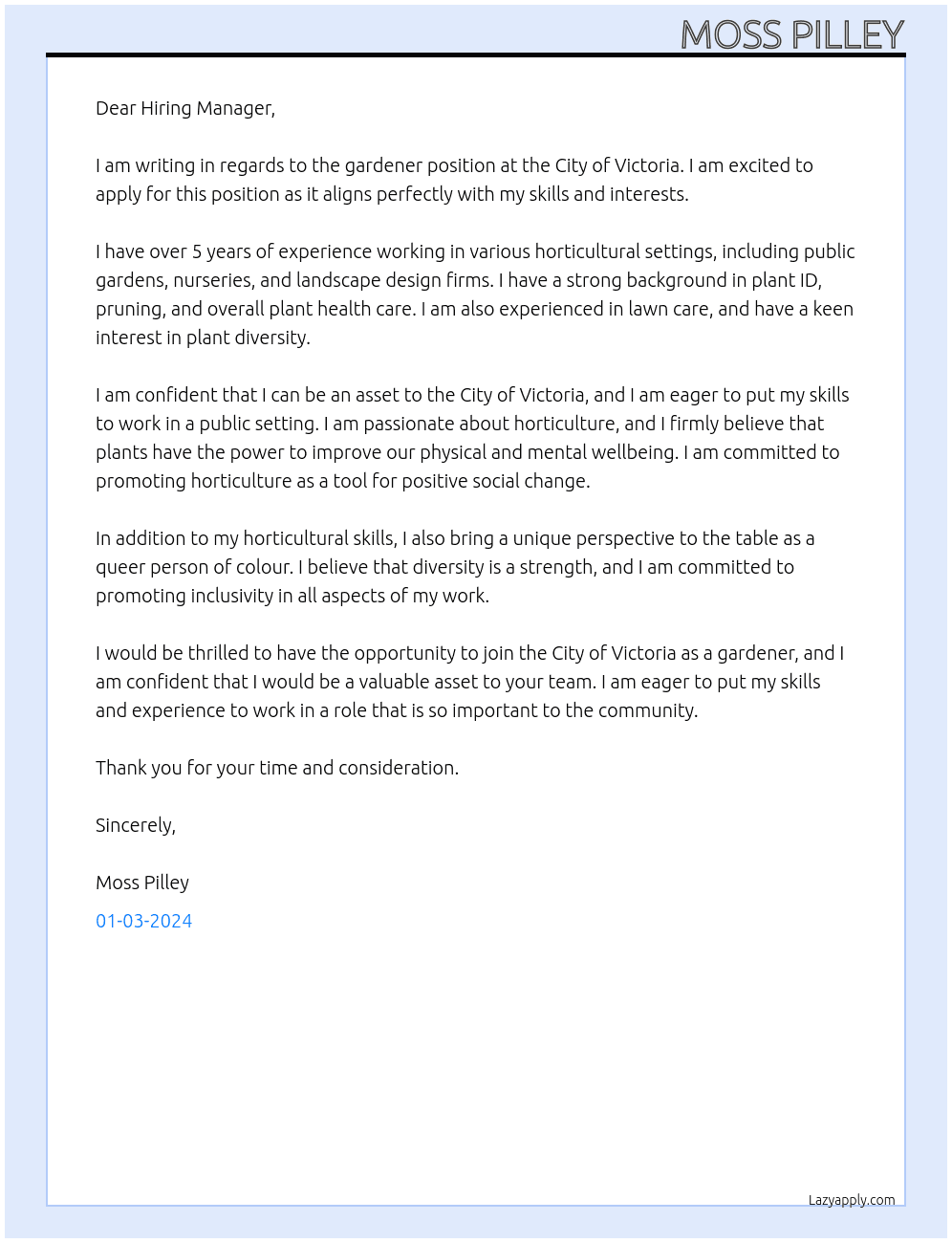 gardener At City of Victoria Cover Letter