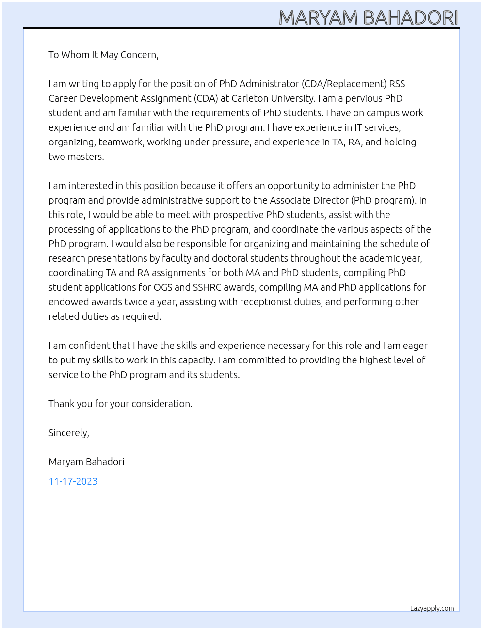 PhD Administrator (CDA/Replacement)  RSS Career Development Assignment (CDA) At Carleton university Cover Letter