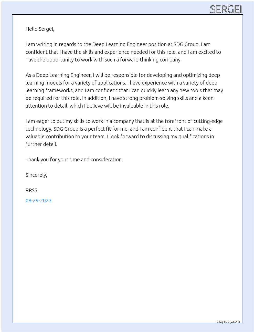 Deep Learning Engineer At SDG Group Cover Letter