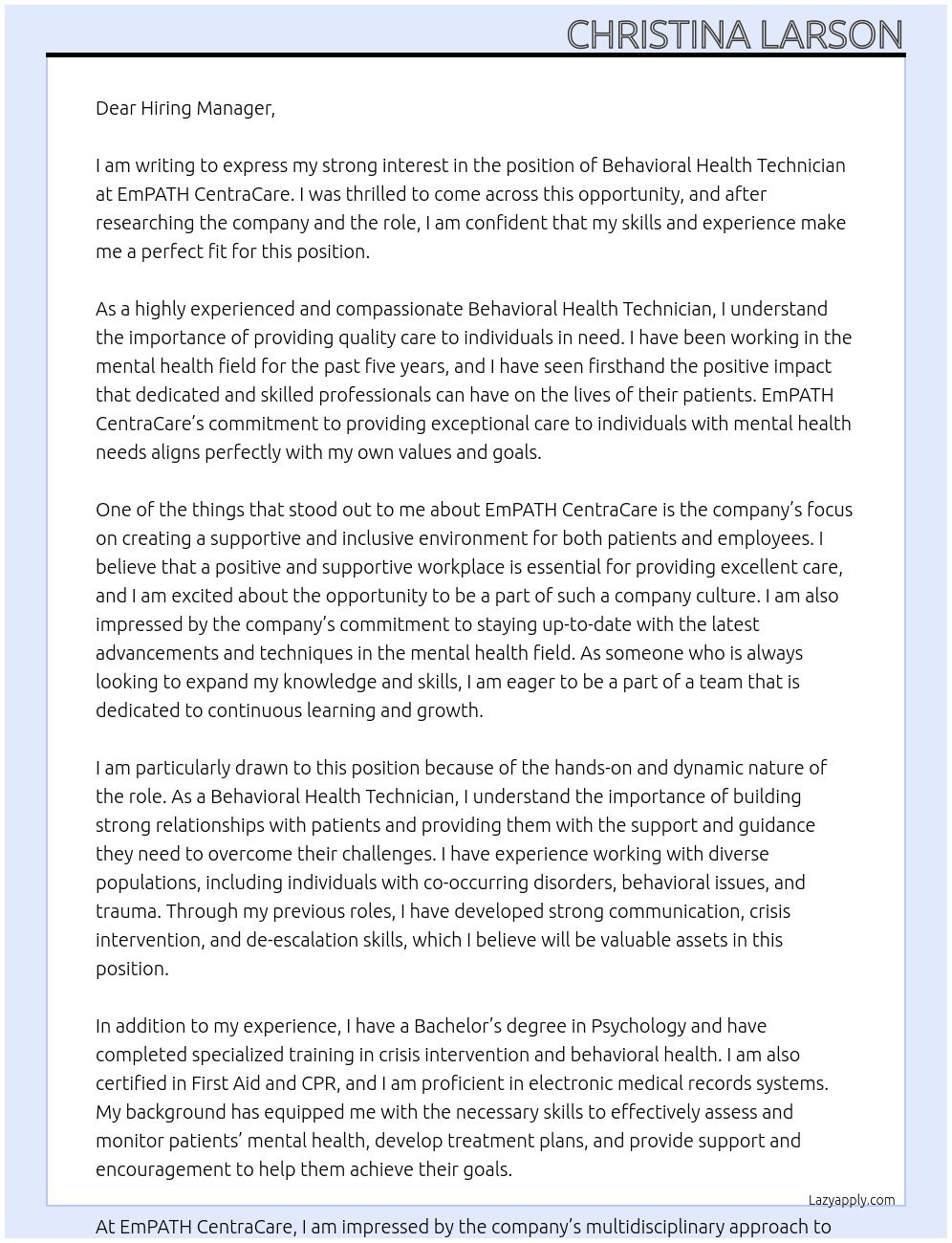 Behavioral Health Technician At EmPATH CentraCare Cover Letter