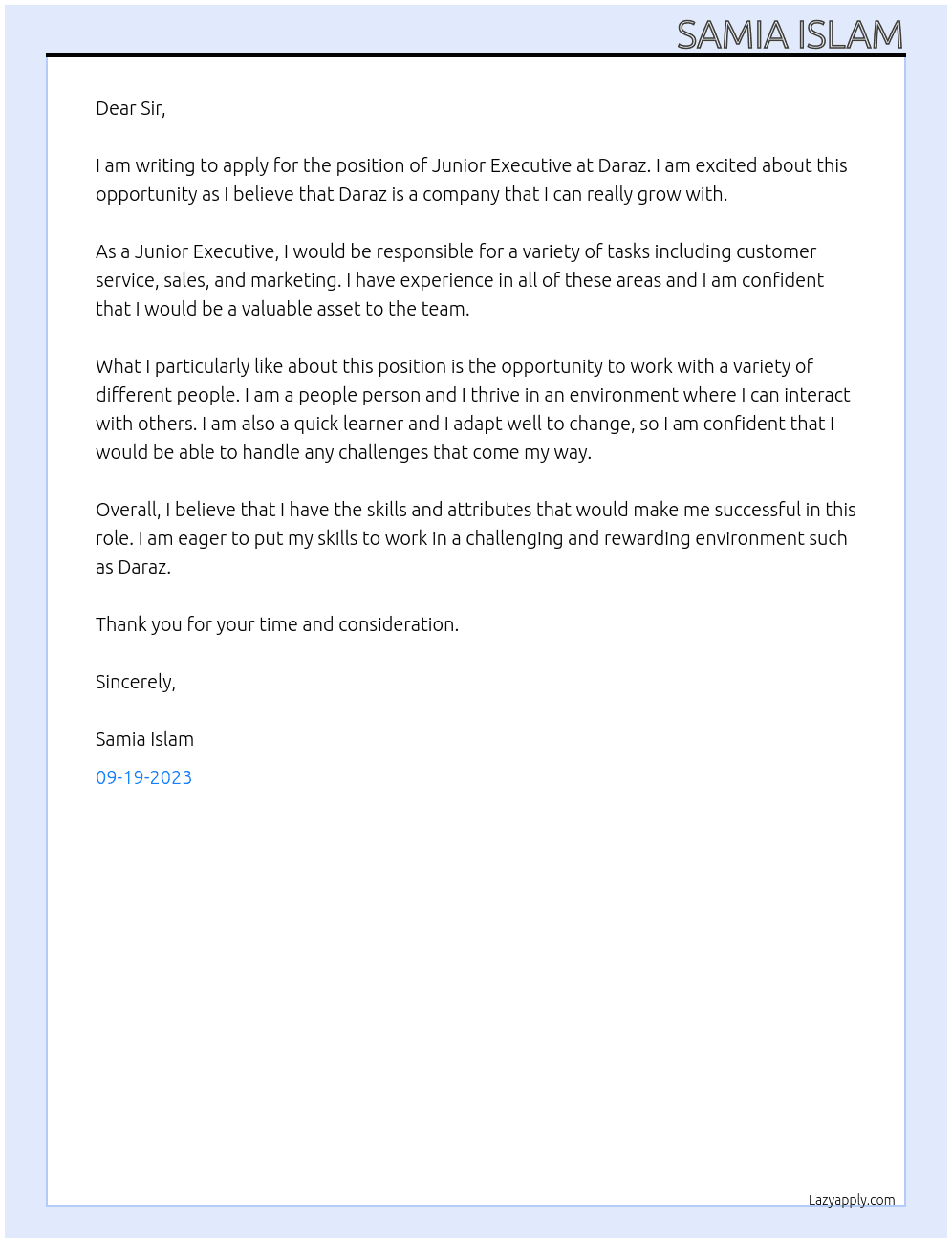 Junior Executive At daraz Cover Letter