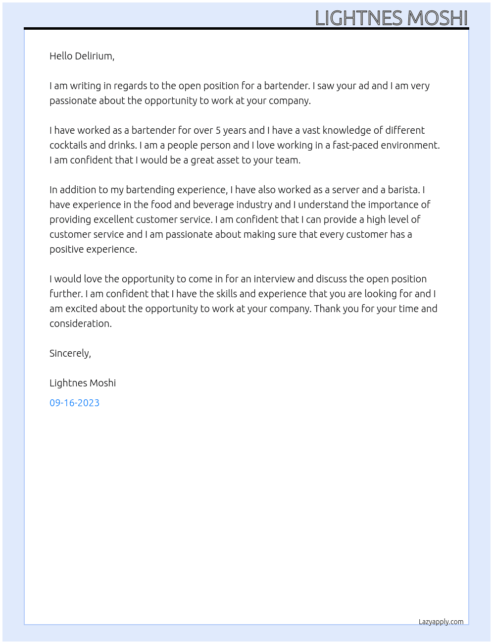 bar tender  At Delirium Cover Letter