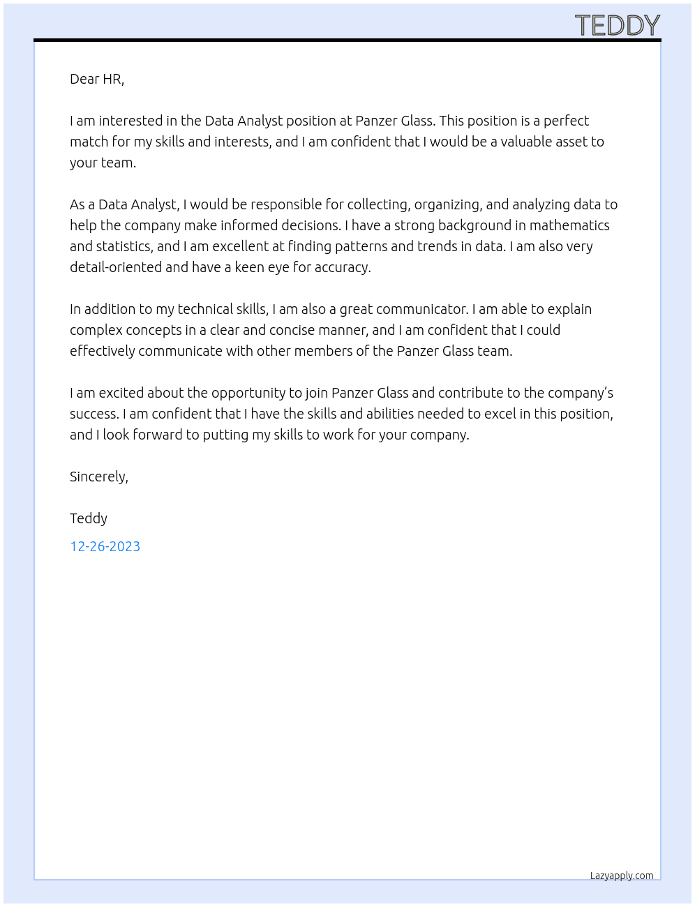 Data Analyst At Panzer Glass Cover Letter