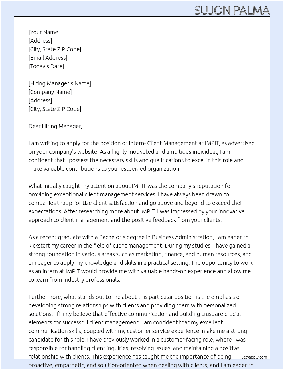 Intern- Client Management At IMPIT Cover Letter