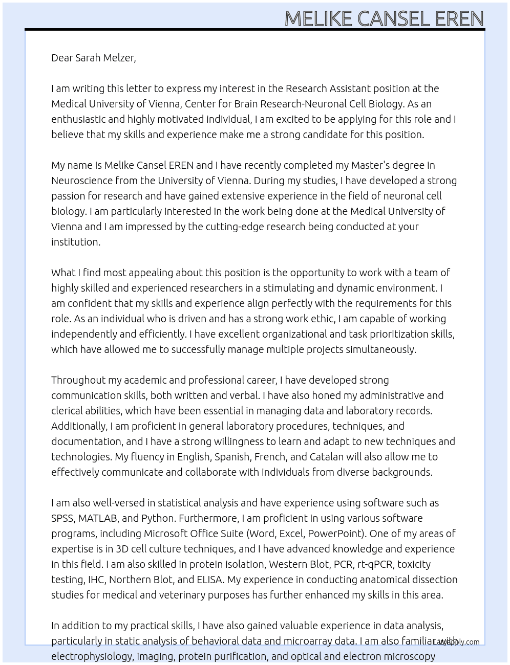 Research Assistant At Medical University of Vienna, Center for Brain Research-Neuronal Cell Biology Cover Letter