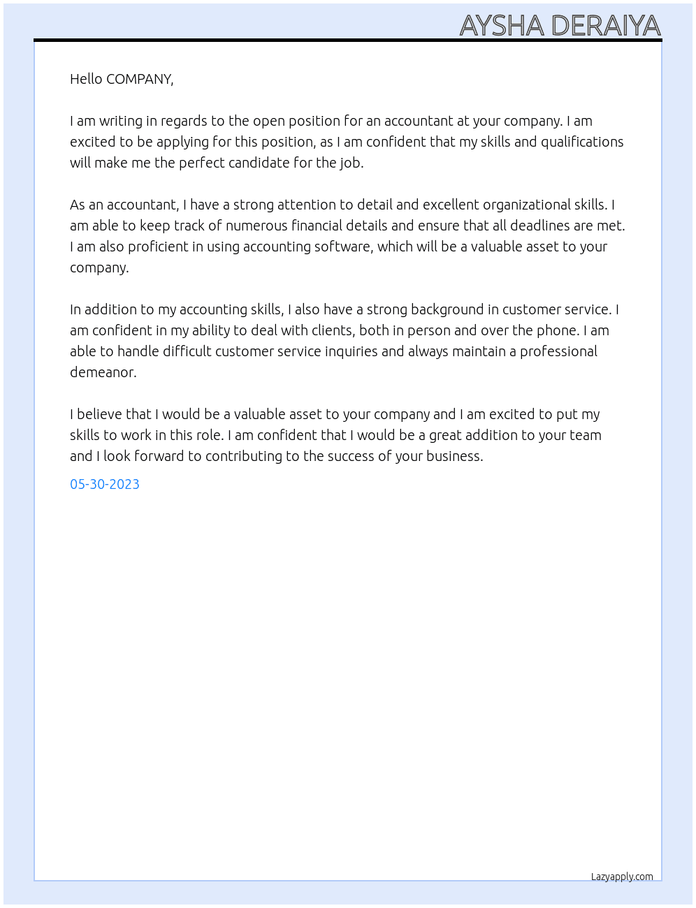 ACCOUNTANT At Australian professional services startup business Cover Letter