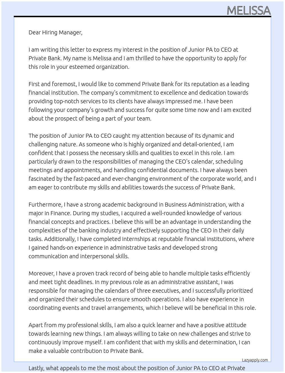 Junior PA to CEO At Private Bank Cover Letter