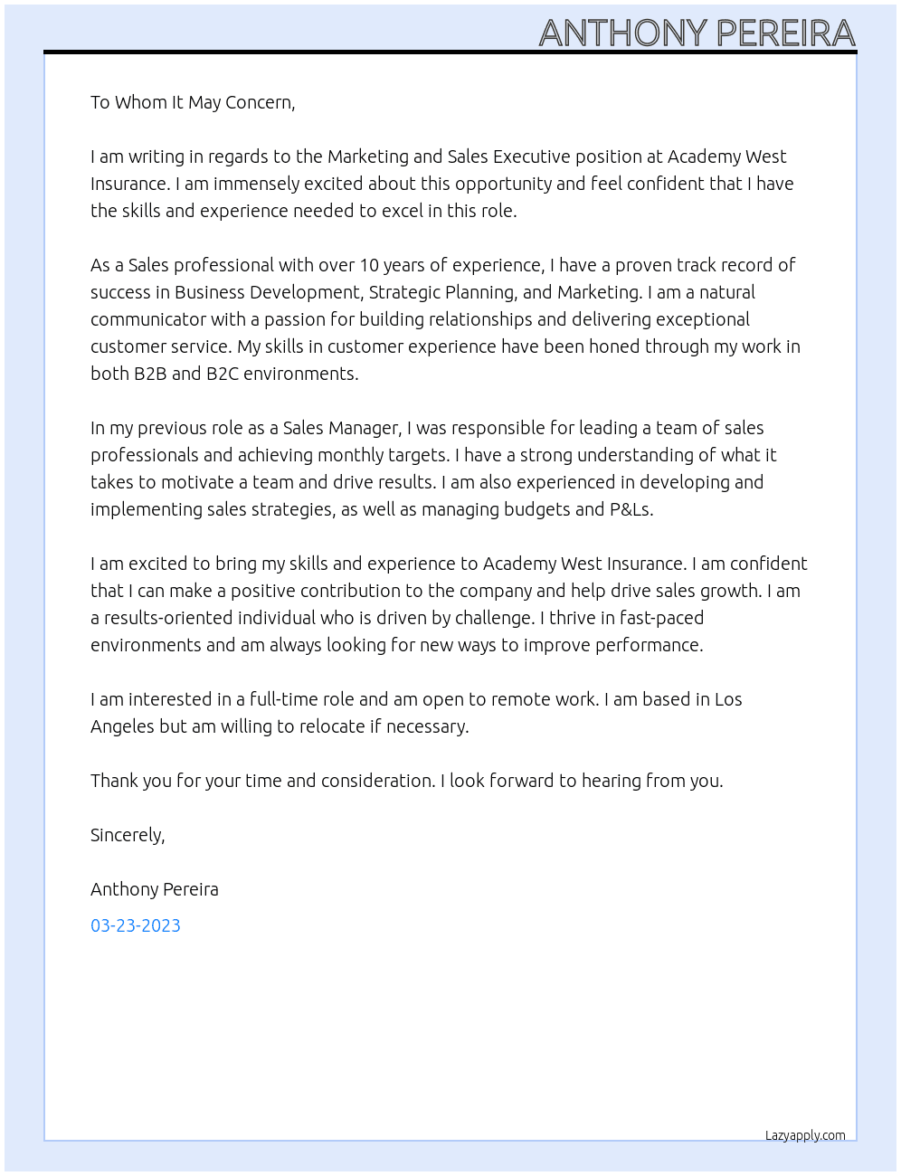 Marketing and Sales Executive At Academy West Insurance Cover Letter