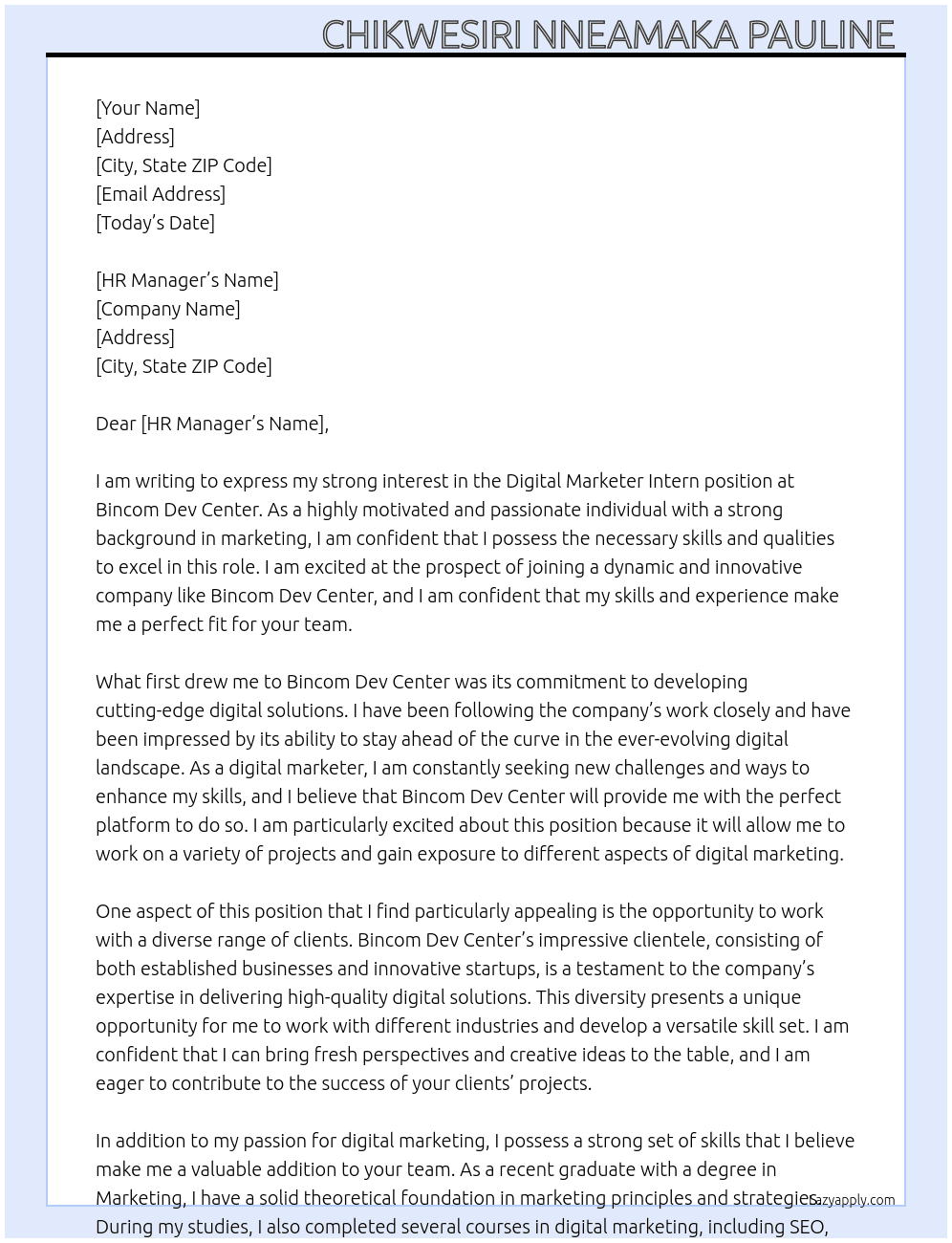 Digital marketer intern At Bincom dev center Cover Letter