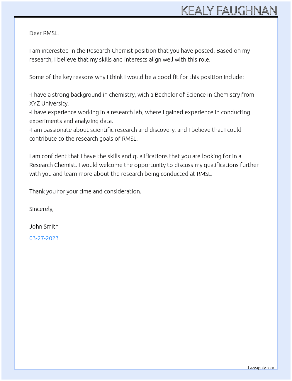Research Chemist At RMSL Cover Letter