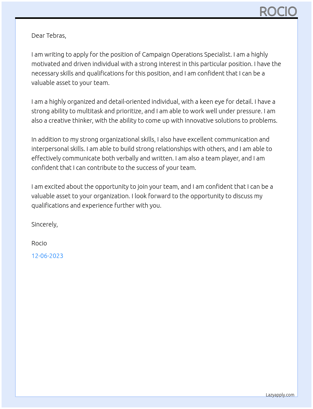 Campaign Operations Specialist At Tebra Cover Letter