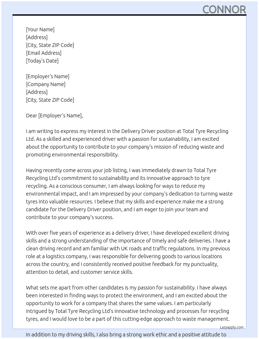 delivery driver At Total Tyre Recycling Ltd Cover Letter