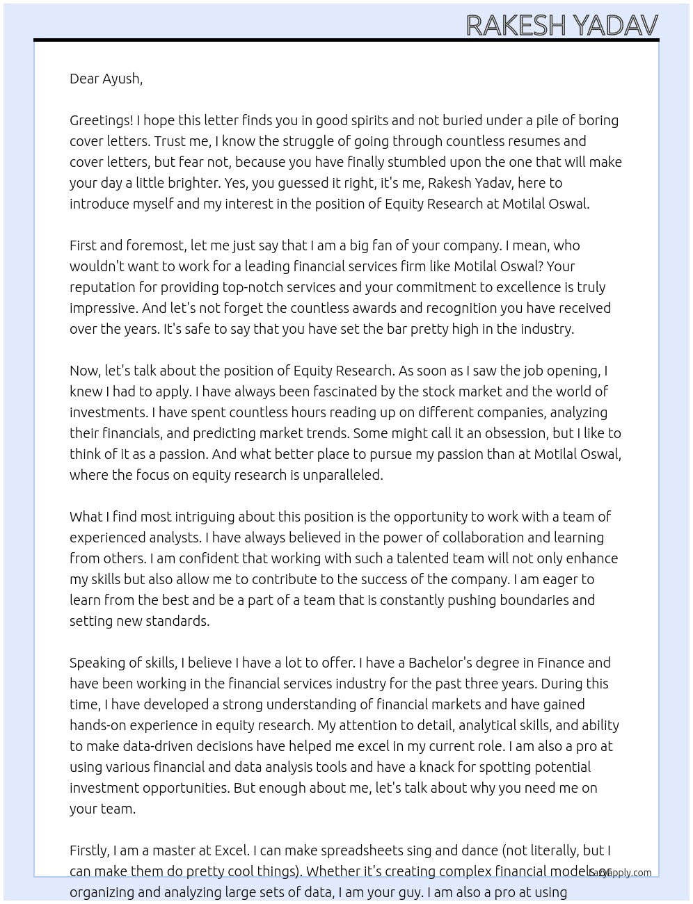 Equity Research At Motilal Oswal Cover Letter