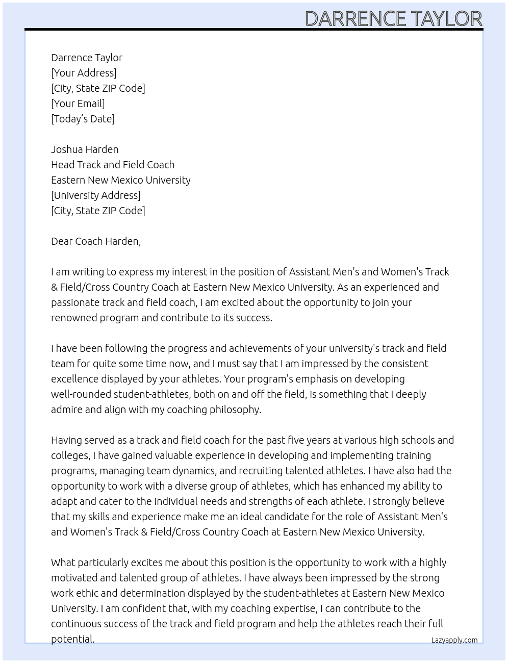 Assistant Men's and Women's Track & Field/Cross Country Coach At Eastern New Mexico University Cover Letter
