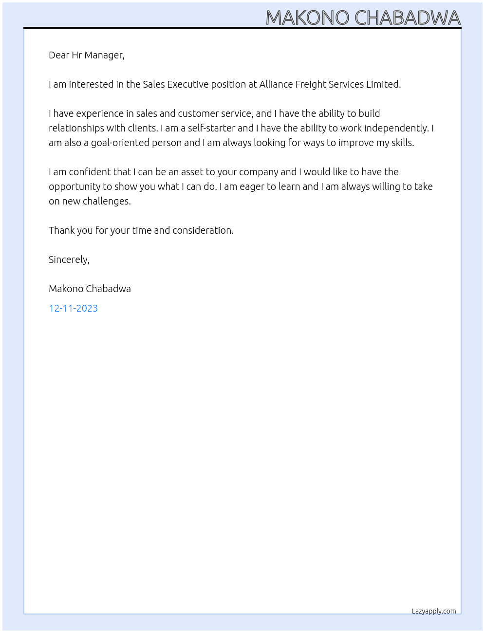 Sales Executive  At Alliance Freight Services Limited Cover Letter