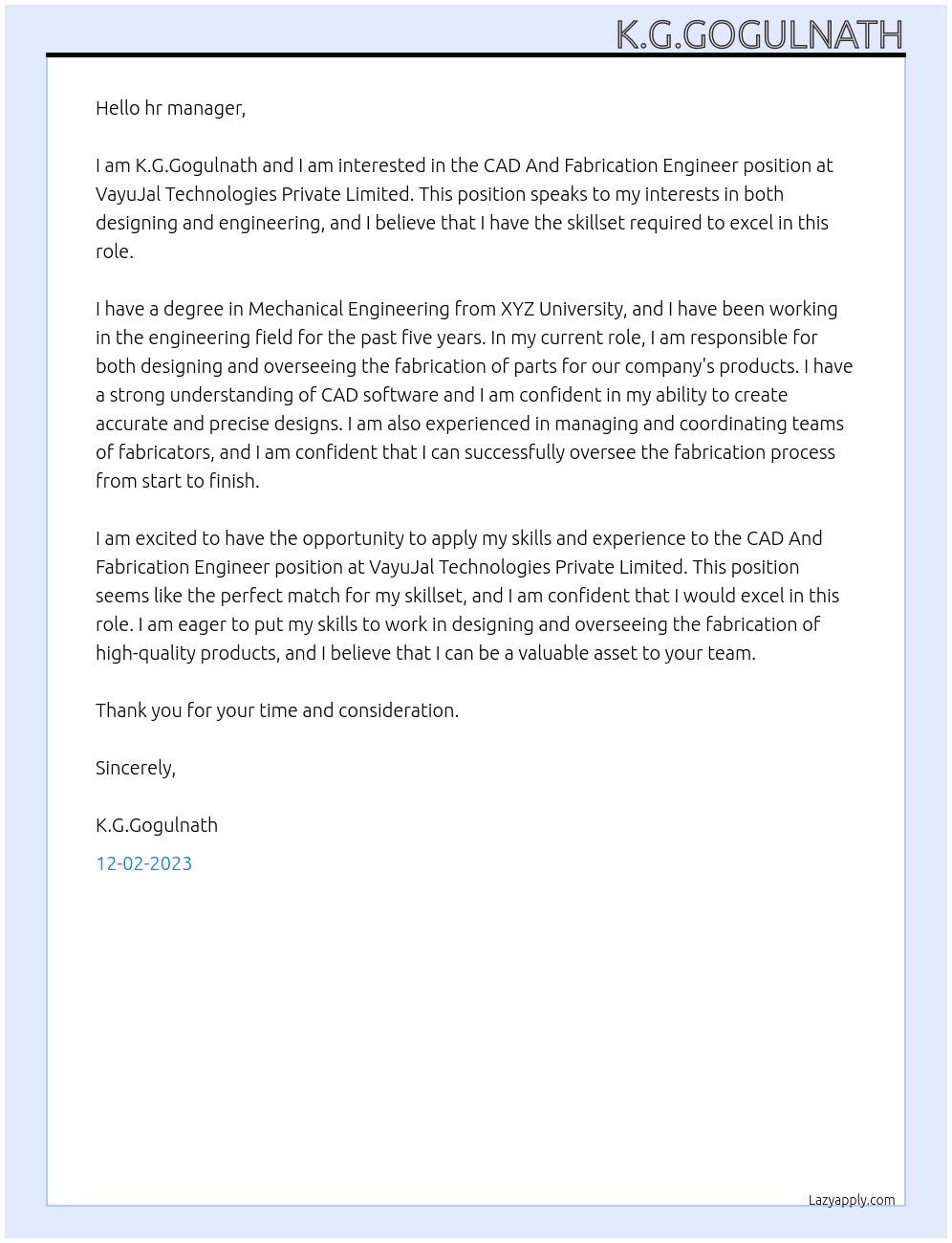 CAD And Fabrication Engineer At VayuJal Technologies Private Limited Cover Letter