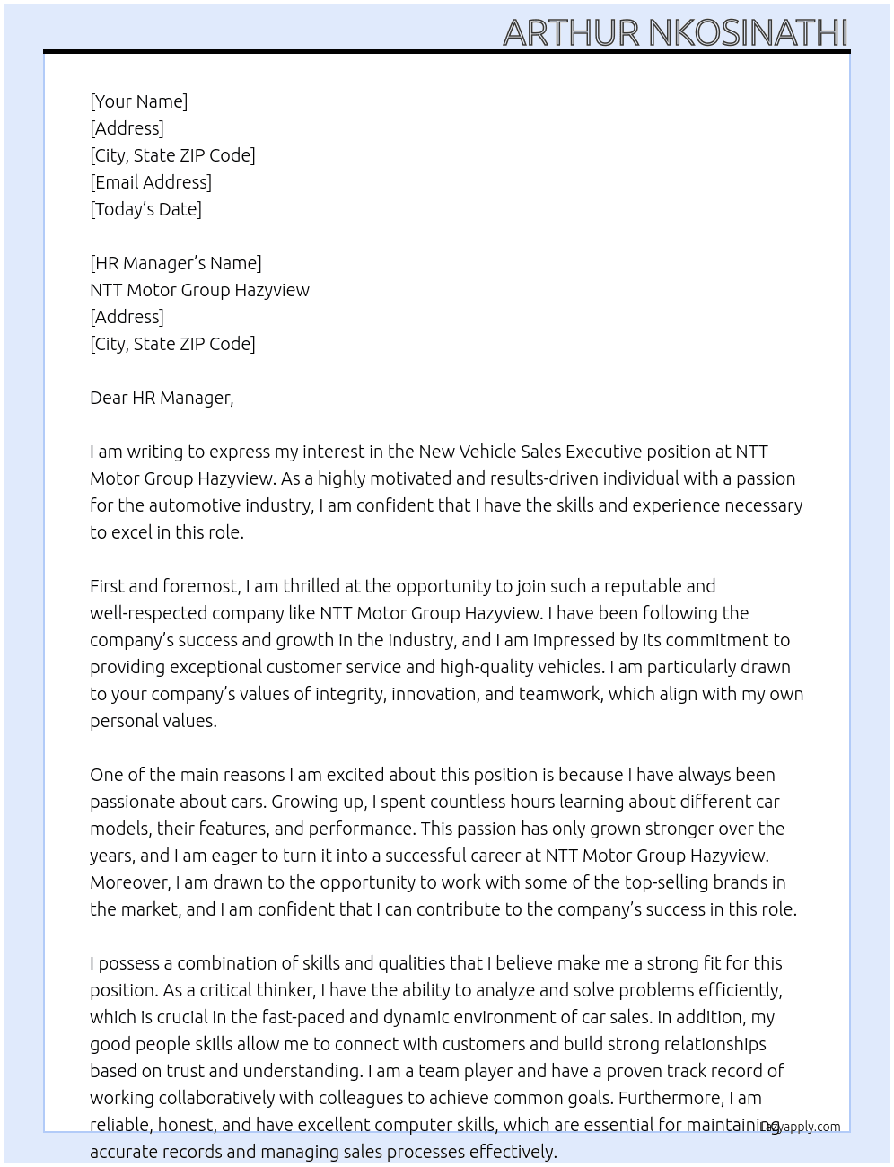 New vehicle Sales Executive  At NTT Motor group Hazyview Cover Letter