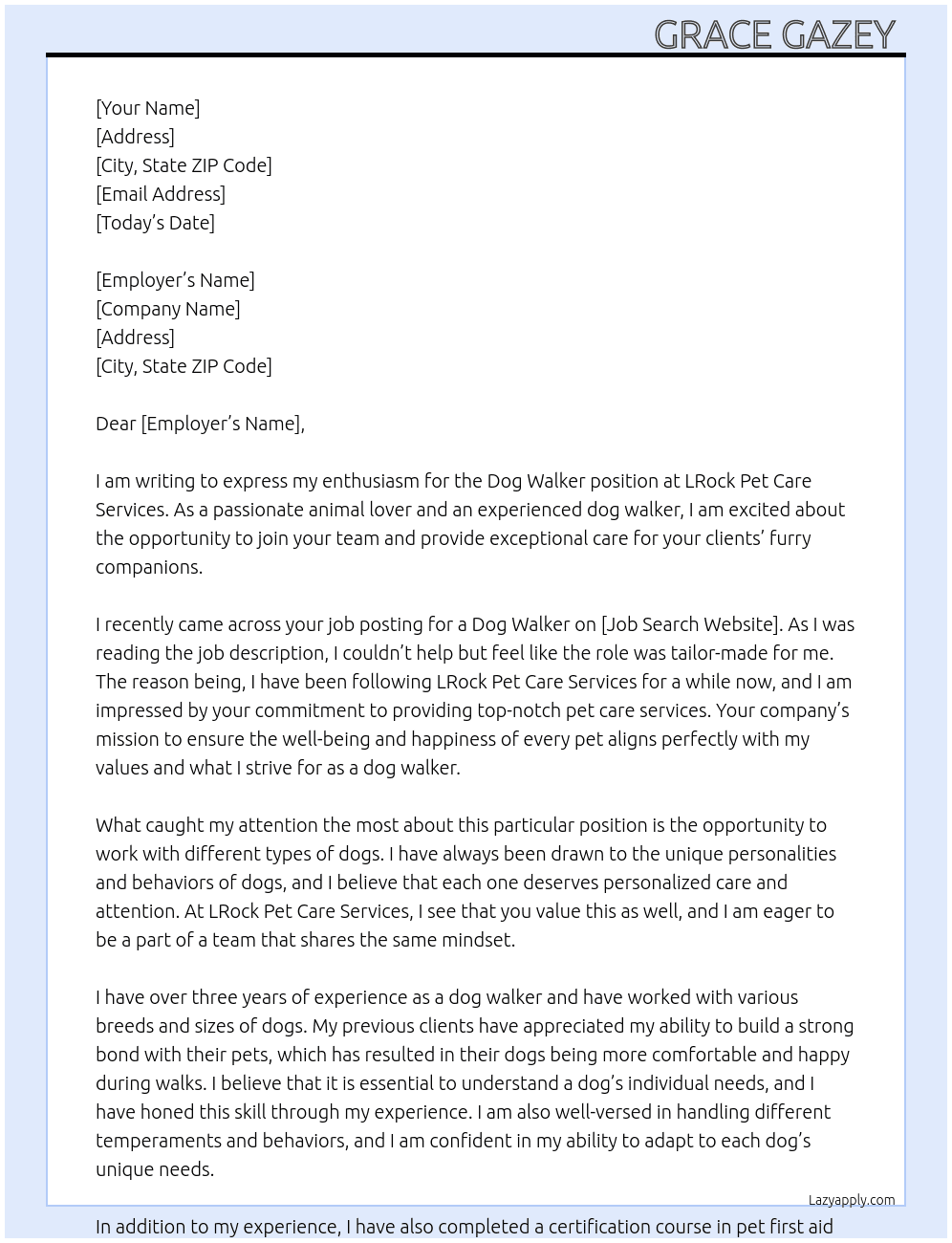 Dog Walker  At LRock Pet Care Services  Cover Letter