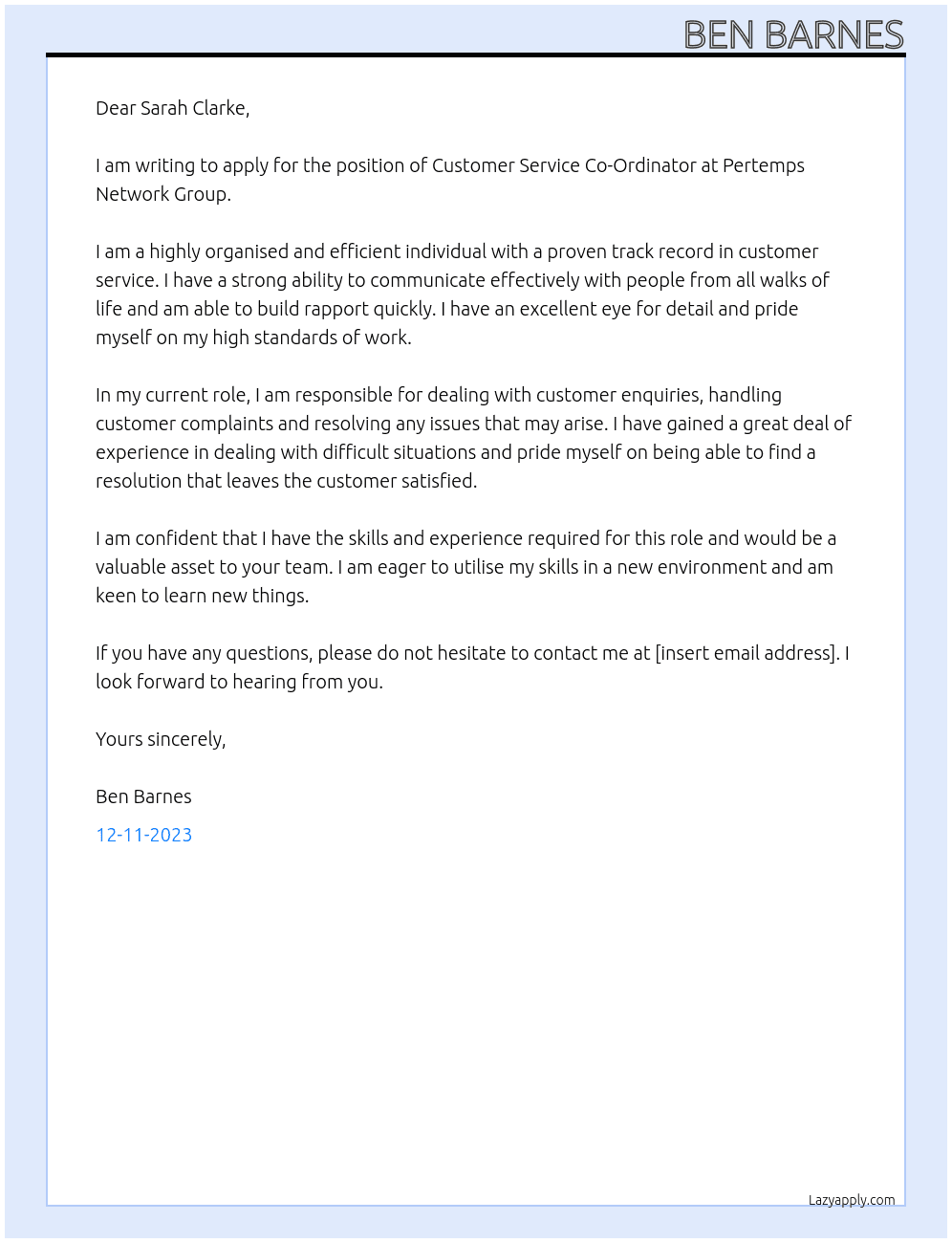  Customer Service Co-Ordinator At Pertemps Network Group Cover Letter