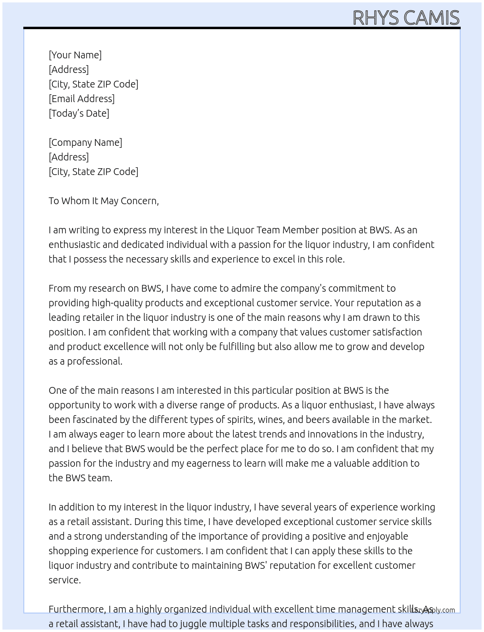 Liquor team member At BWS Cover Letter