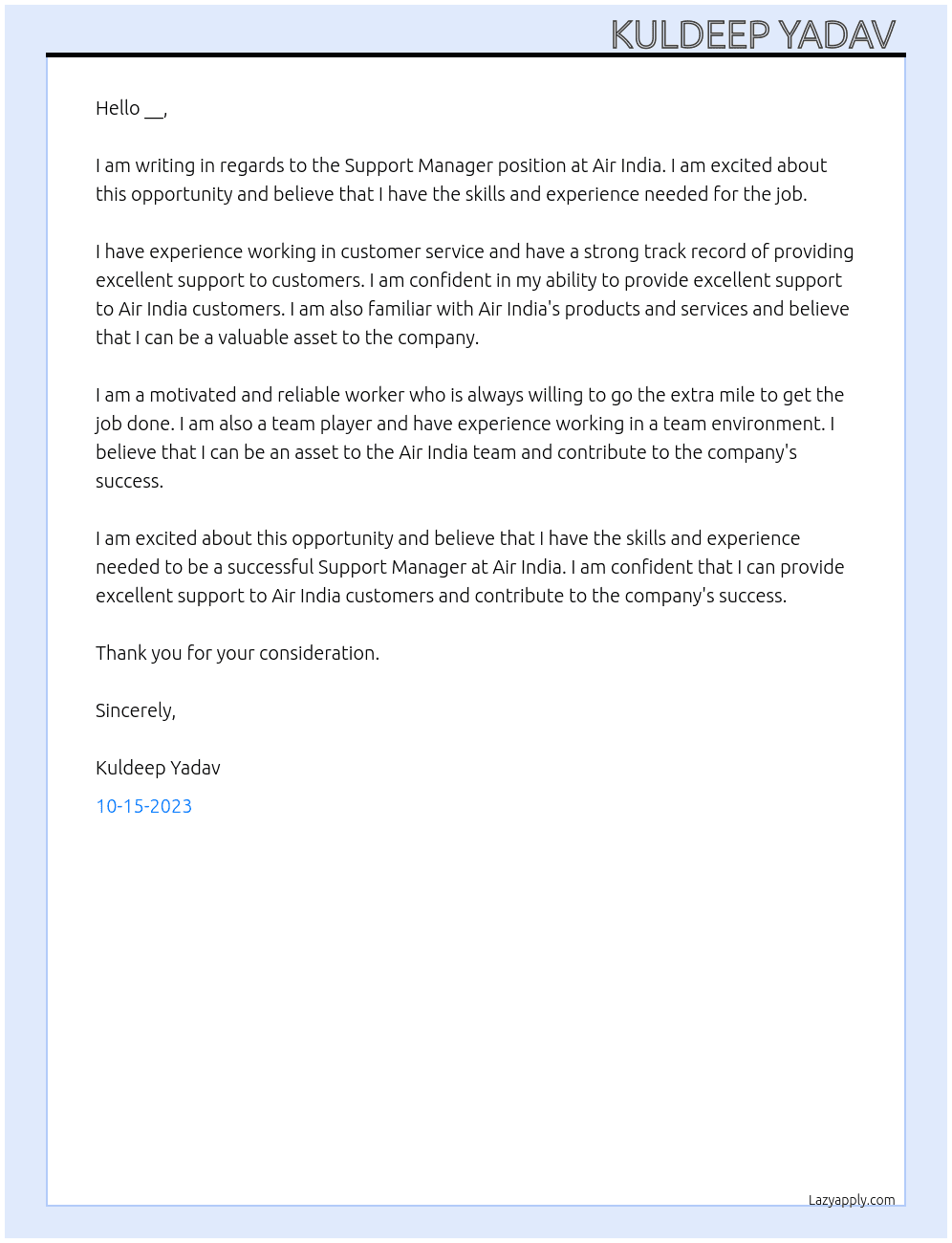Support Manager At Air India  Cover Letter
