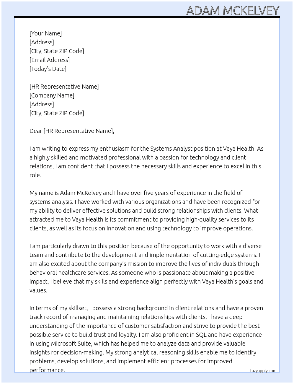 Systems Analyst At Vaya Health Cover Letter