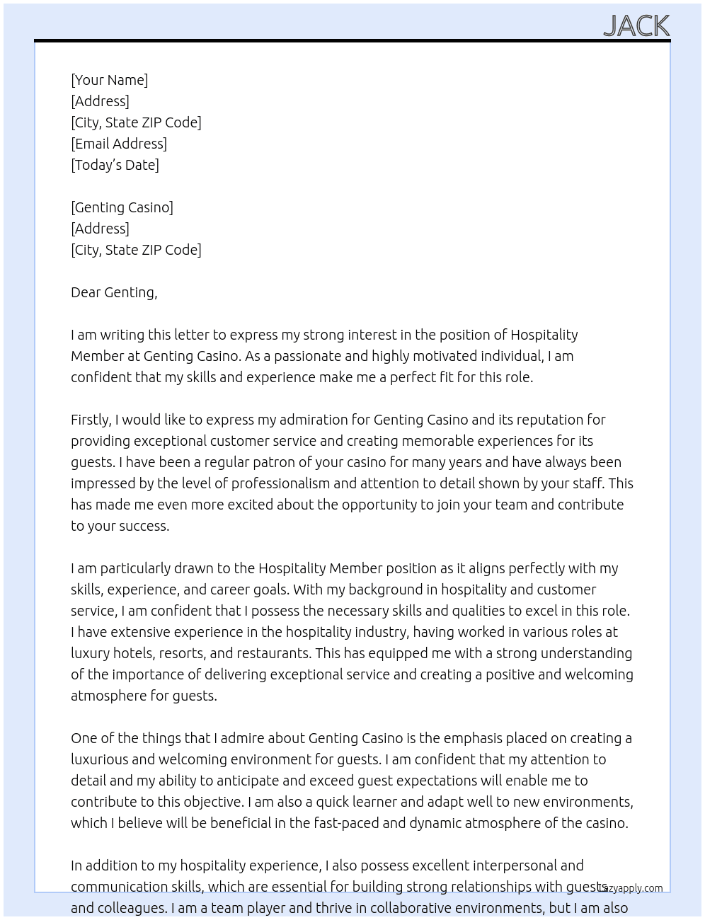 Hospitality Member At Genting Casino Cover Letter