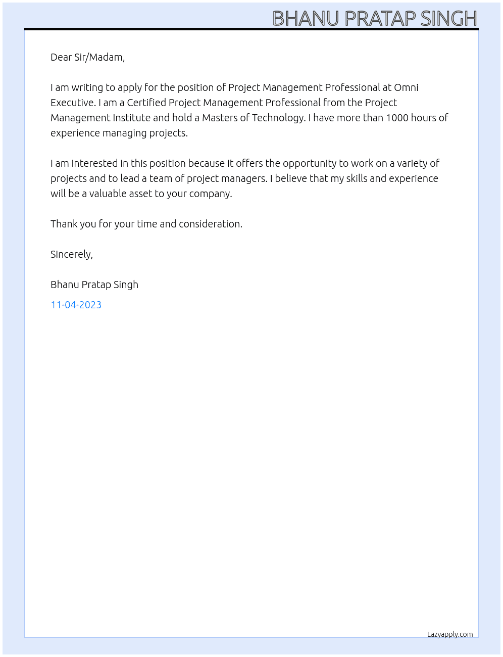 Project Management Professional At Omni Executive Cover Letter